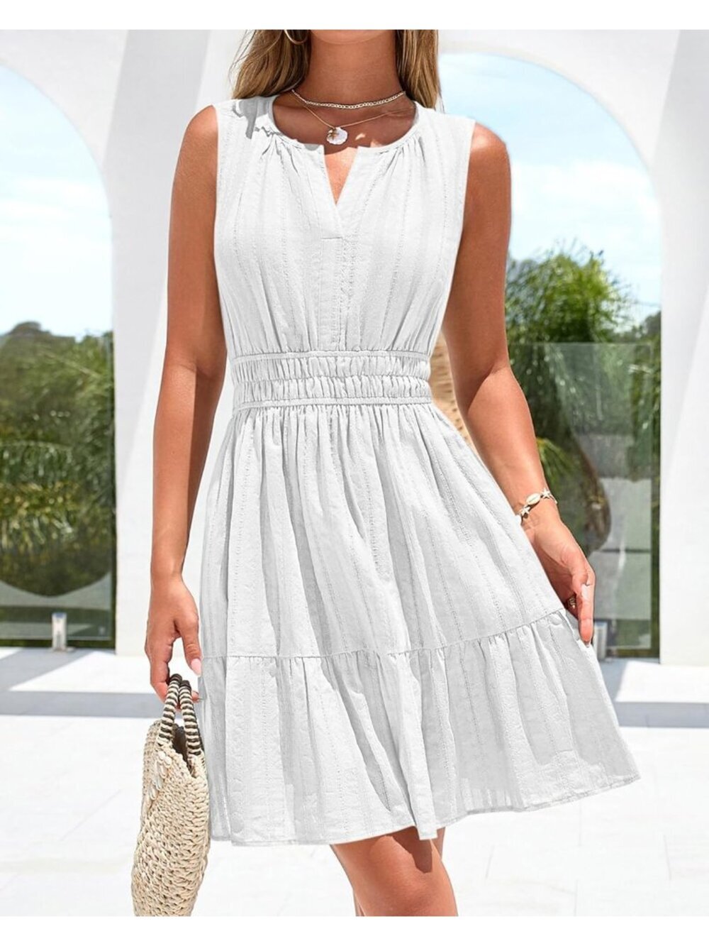〽️Women's White V Neck Casual Sleeveless Summer Boho Pull On Cotton Mini Dress